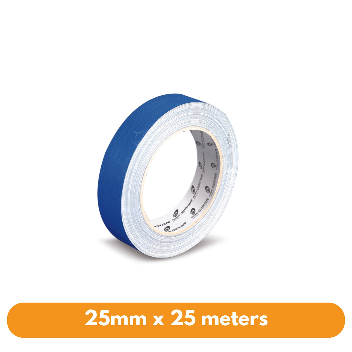 Olympic navy blue cloth tape roll 25mm wide seen from the side, showing the blue cloth face, white inner layers and printed core