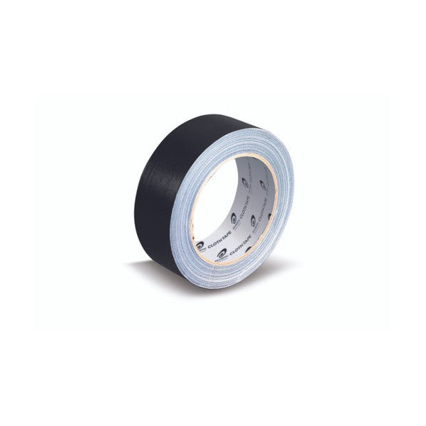Olympic black cloth tape roll 38mm wide shown at an angle, with a matt black cloth face, pale edge layers and a grey core printed with the Olympic logo
