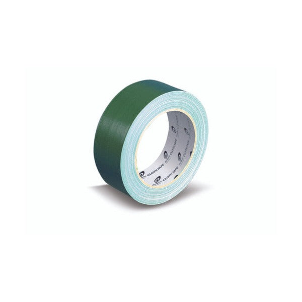 Roll of Olympic green cloth tape 38mm wide on a white background, showing the dark green cloth outer face, pale mint edges and the printed cardboard core