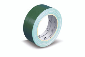 Roll of Olympic green cloth tape 38mm wide on a white background, showing the dark green cloth outer face, pale mint edges and the printed cardboard core