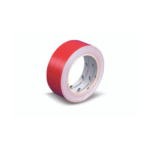 Red Olympic cloth tape roll, 38mm wide, sitting on its edge on a white background with the red cloth face, light edge layers and printed grey core showing