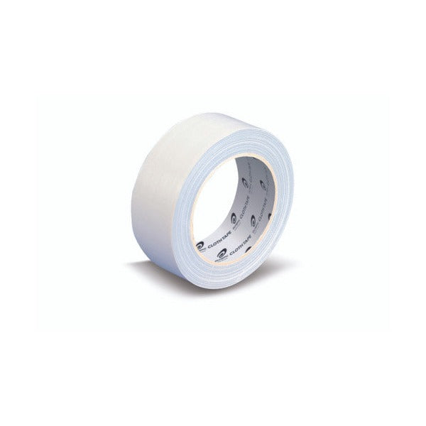 Olympic white cloth tape roll 38mm wide seen from the side, showing the white cloth surface, layered edges and the grey core printed with Olympic cloth tape logos