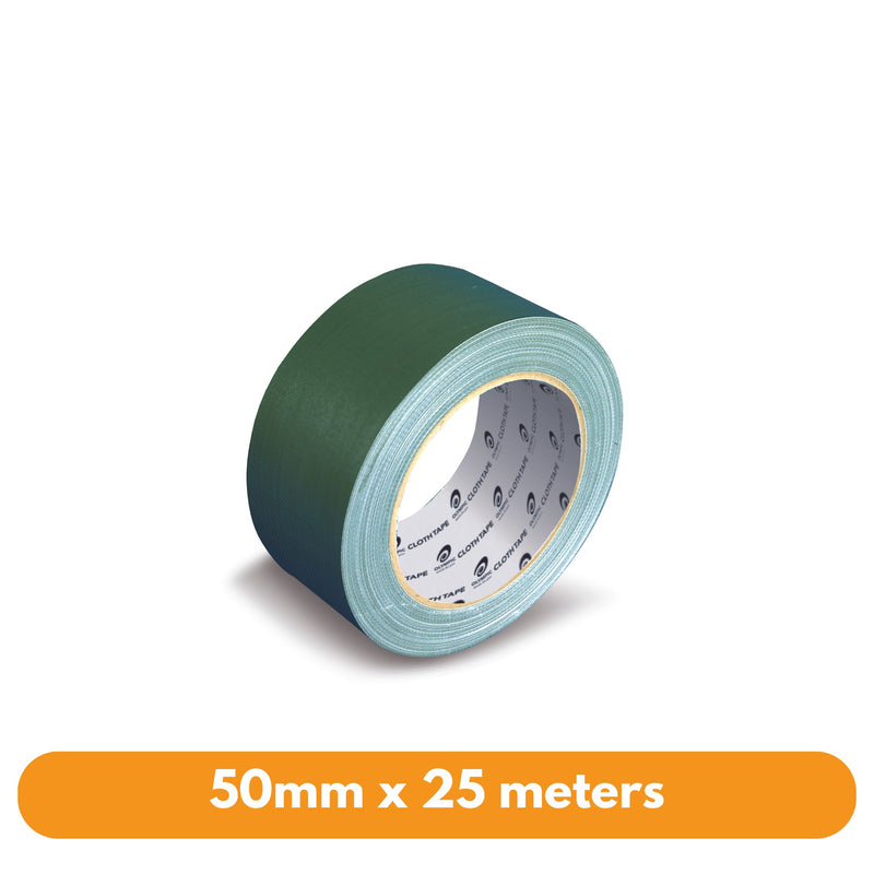 Olympic green cloth tape roll 50mm wide at an angle, dark green cloth face with pale edges and a printed core, above an orange banner reading 50mm x 25 meters
