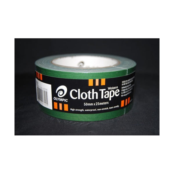 Olympic Wotan green cloth tape 50mm roll on a dark background, its black wrap label reading Cloth Tape 50mm x 25meters, high strength, waterproof, non-stretch, tears evenly