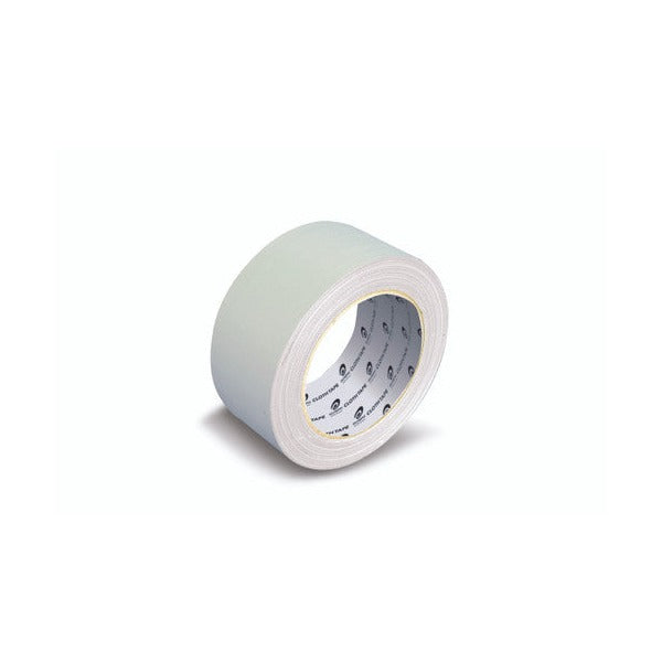 White Olympic cloth tape roll 50mm wide shown on its edge against a white background, with the fine cloth texture visible and a grey core printed with Olympic logos