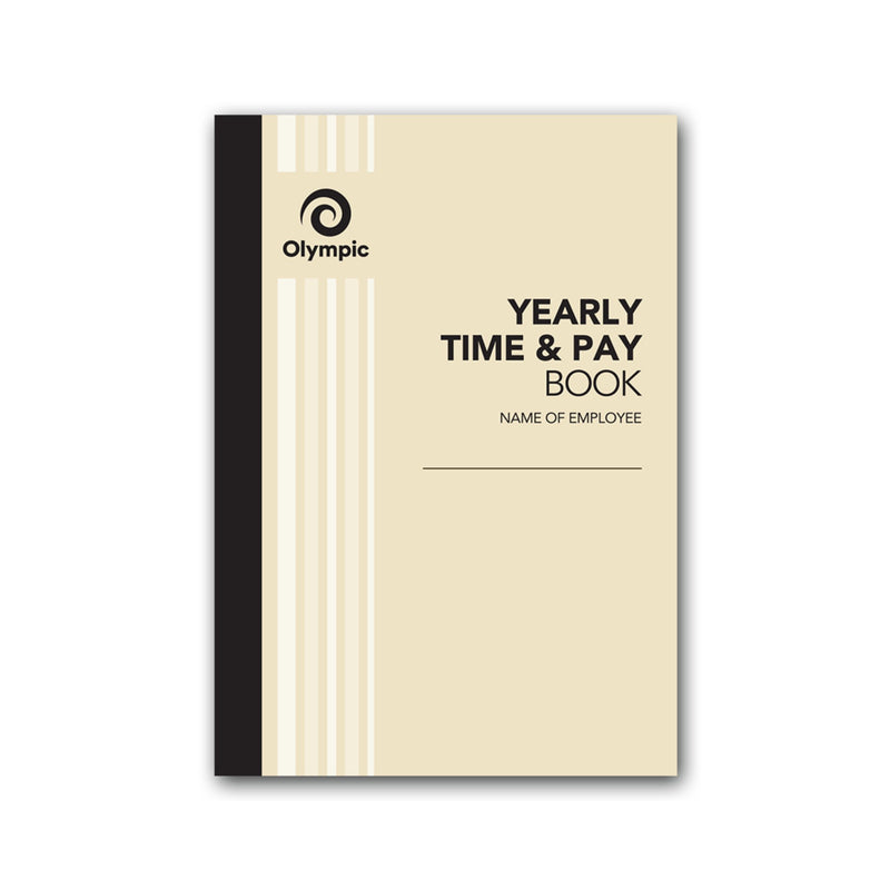 Olympic Yearly Time and Pay Book beige cover with a black spine and white stripes, printed Name Of Employee with a blank line