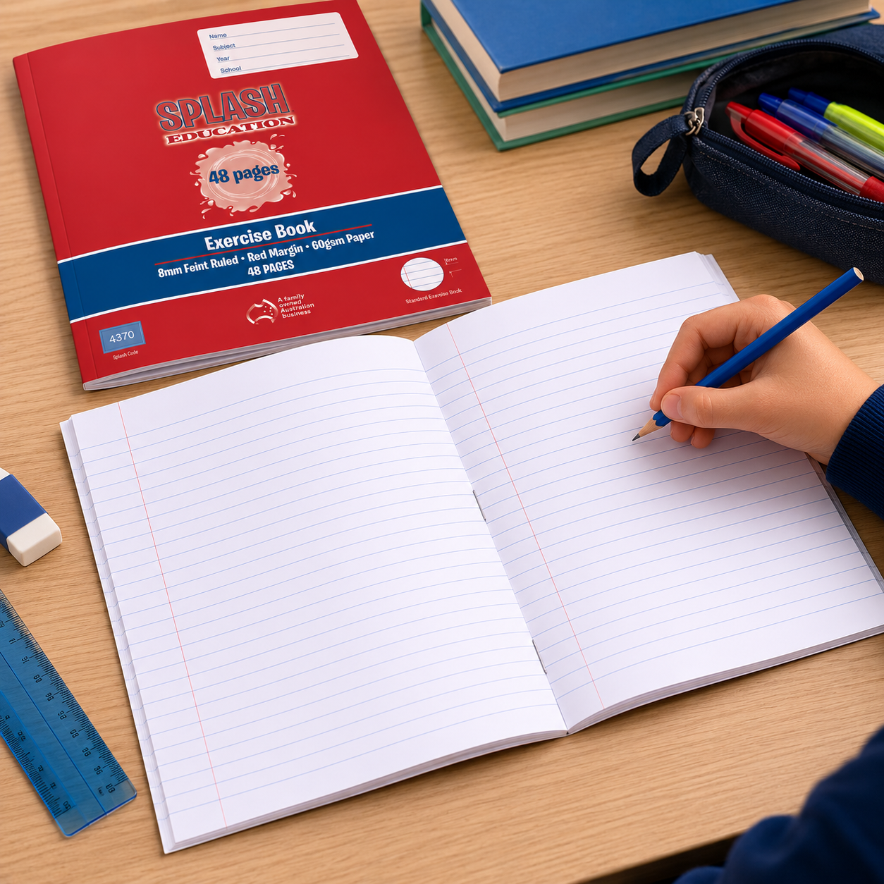 Open ruled exercise book on a wooden desk with a child holding a pencil and a Splash Education red exercise book nearby.