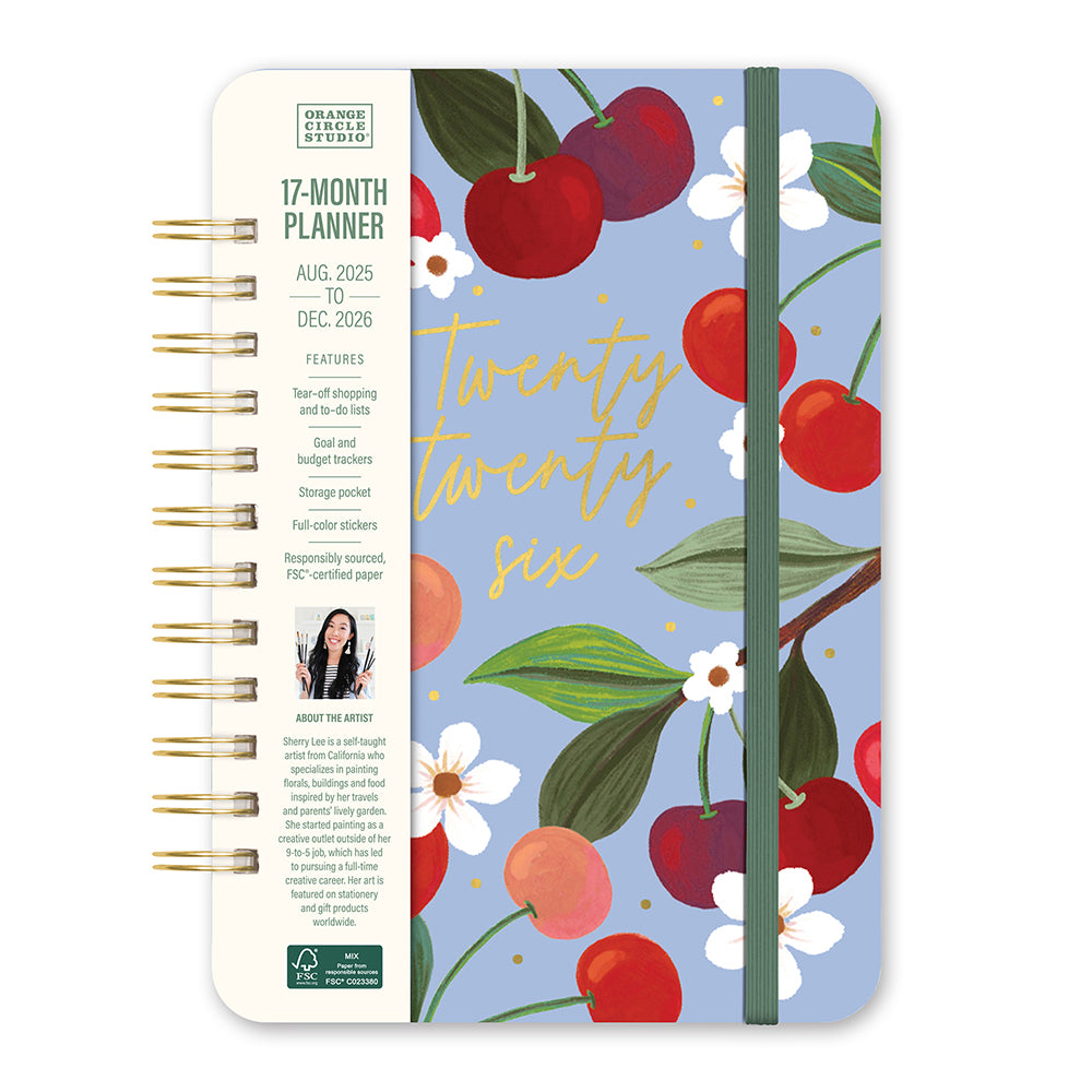 Orange Circle 2026 Do It All diary Fruit and Flora, front with the paper band listing 17 month planner, Aug 2025 to Dec 2026, and its features