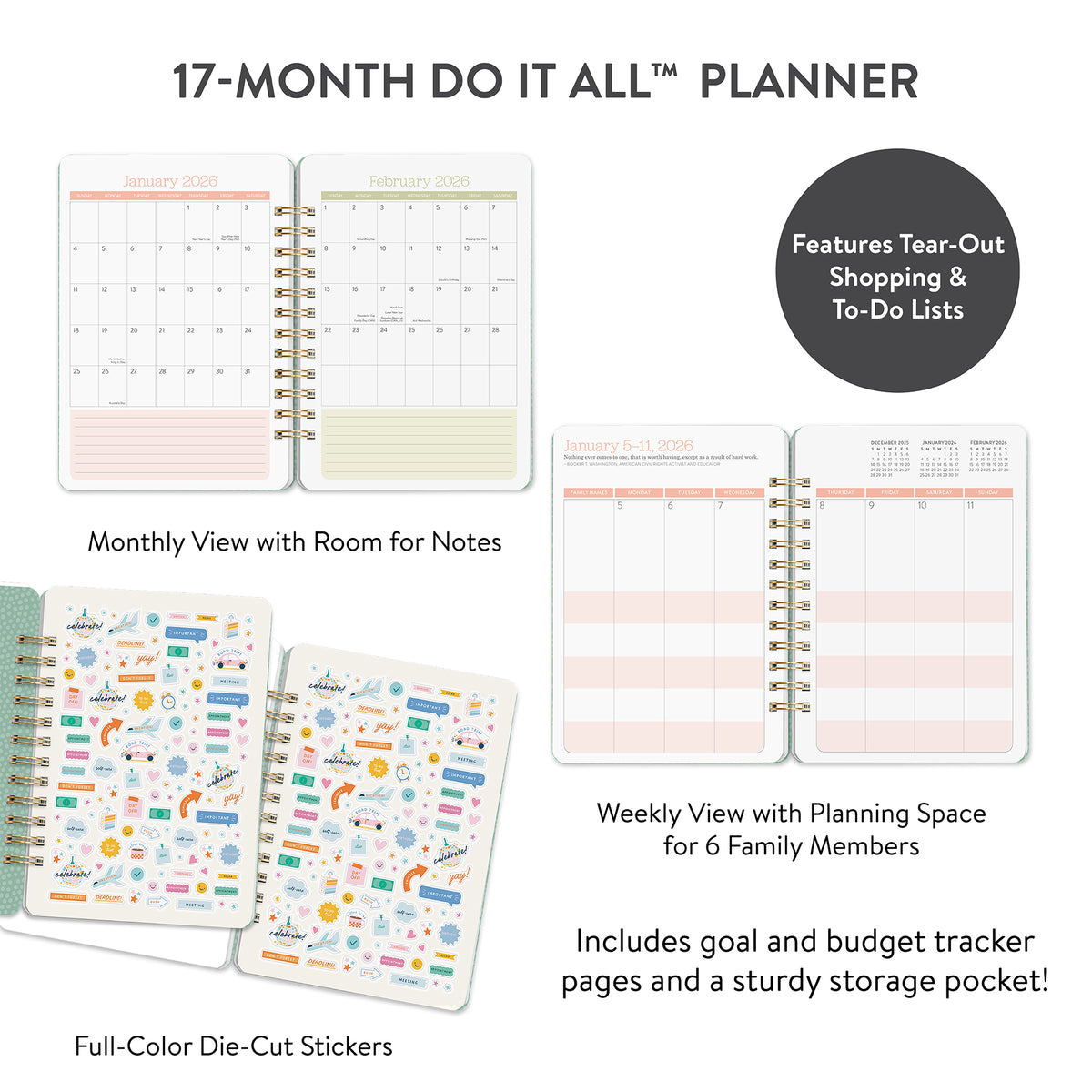 Orange Circle 2026 Do It All diary Fruit and Flora, feature sheet: monthly view with room for notes, weekly view with planning space for 6 family members, stickers and tear-out lists