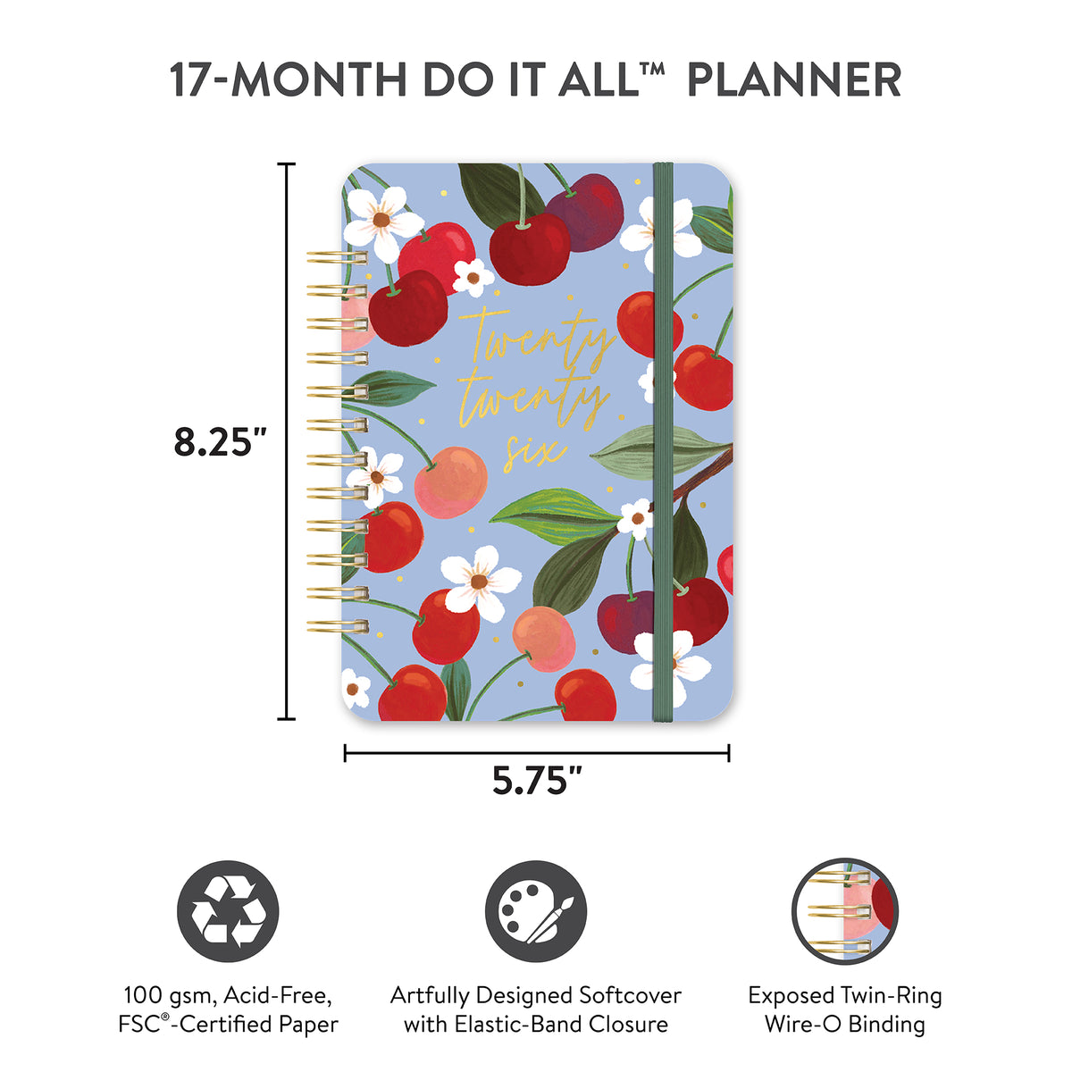 Orange Circle 2026 Do It All diary Fruit and Flora, size guide: 5.75 x 8.25 inches, 100gsm acid-free FSC paper, softcover with elastic band, twin-ring wire binding