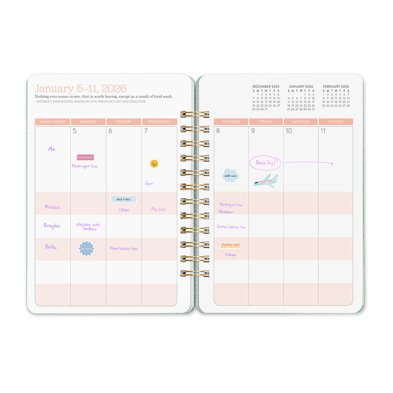 Orange Circle 2026 Do It All diary Fruit and Flora, weekly spread filled in with appointments and stickers