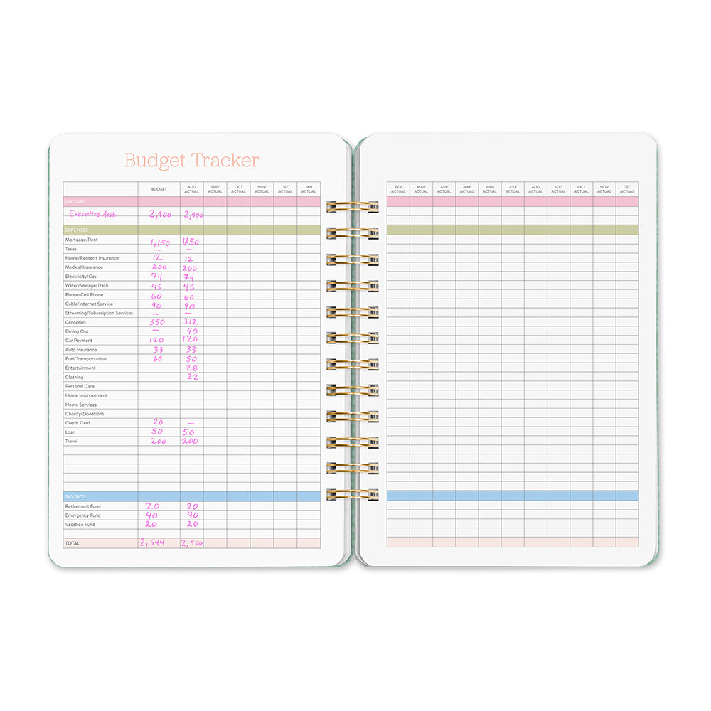 Orange Circle 2026 Do It All diary Fruit and Flora, budget tracker pages