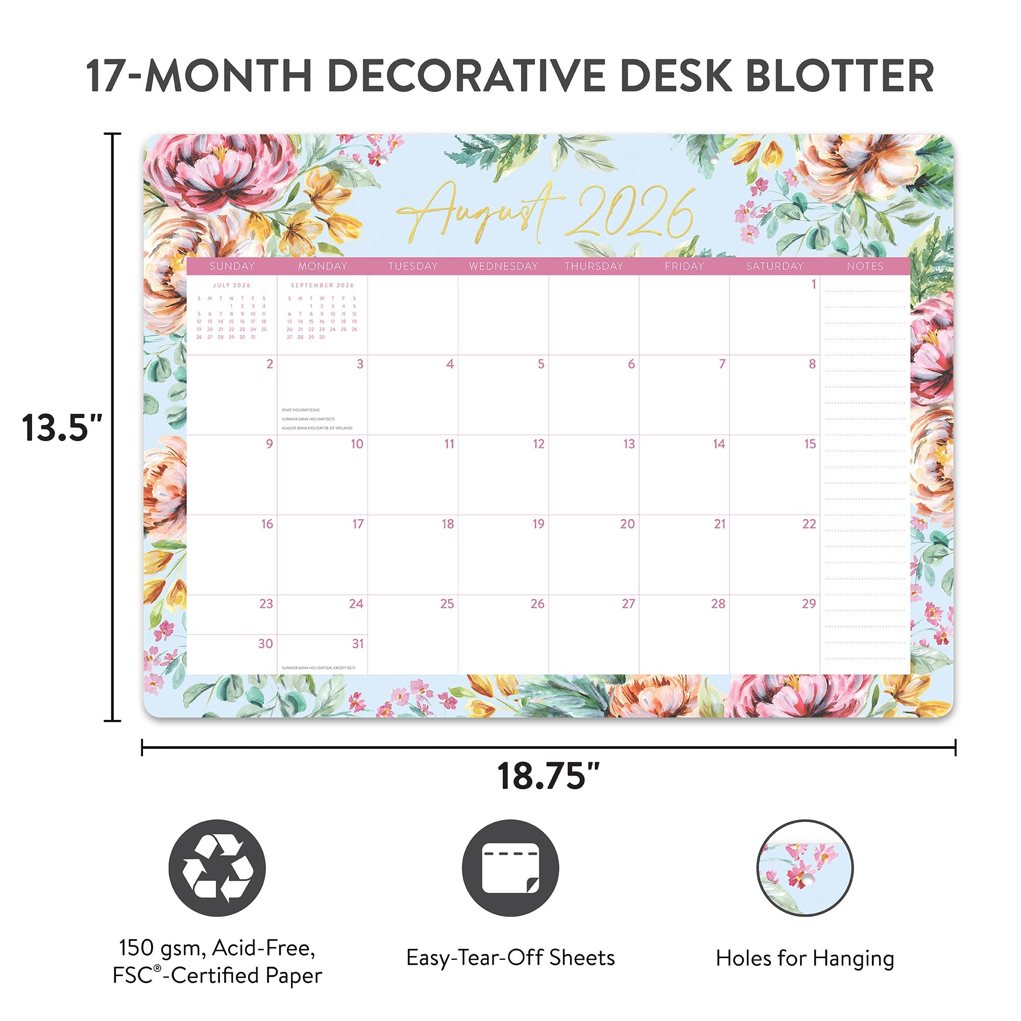 Orange Circle 2027 Decorative Desk Blotter 476 x 343mm Bella Flora opened to show the printed monthly grid and the dated planning layout inside.