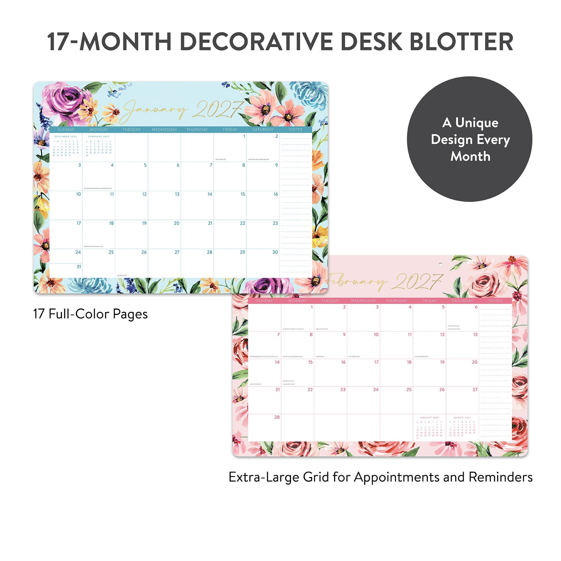 Orange Circle 2027 Decorative Desk Blotter 476 x 343mm Bella Flora shown with its retail packaging and the product information panel visible.