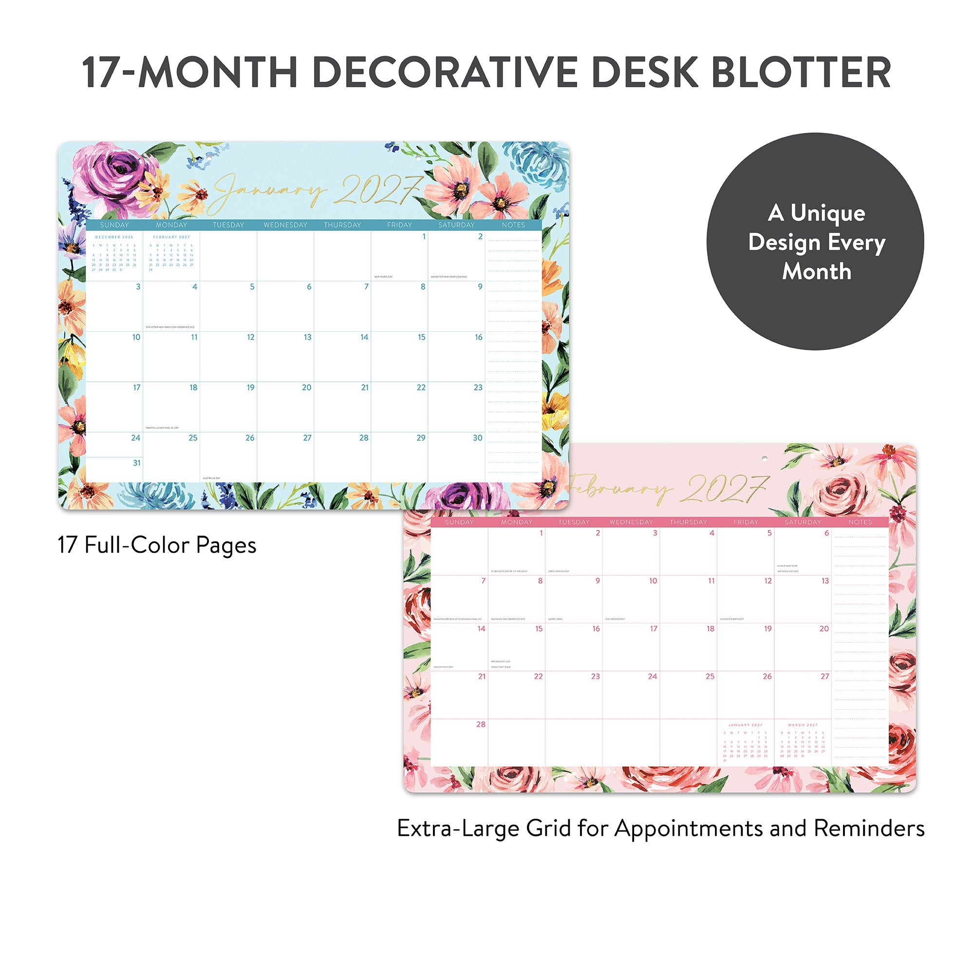 Orange Circle 2027 Decorative Desk Blotter 476 x 343mm Bella Flora shown with its retail packaging and the product information panel visible.