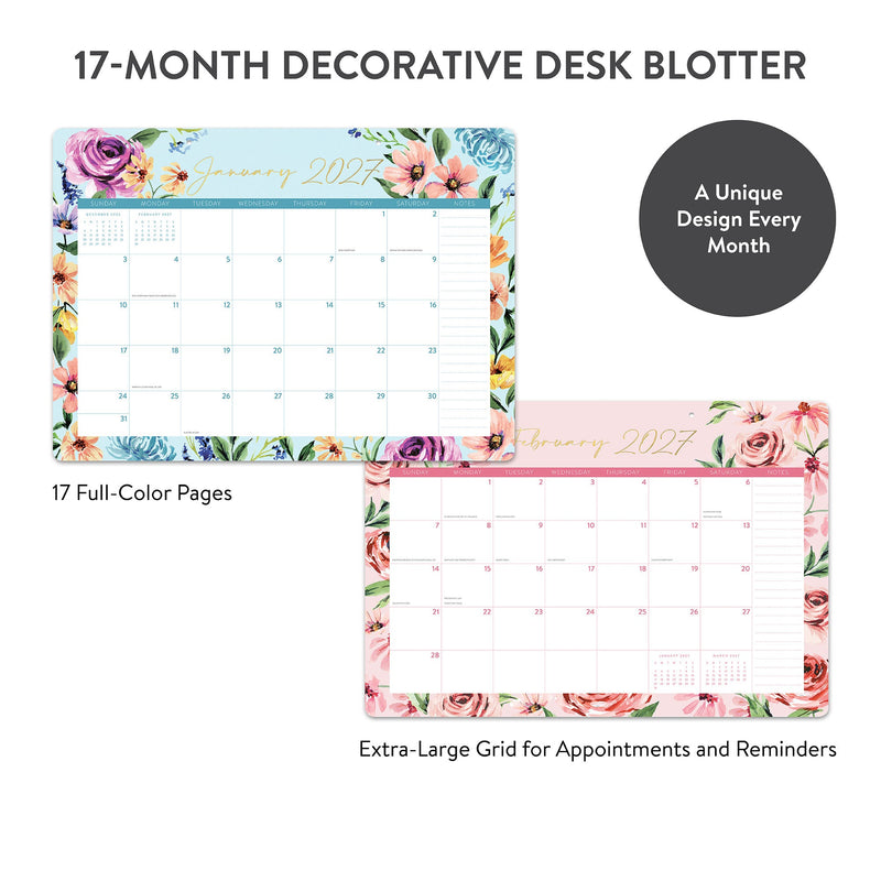 Orange Circle 2027 Decorative Desk Blotter 476 x 343mm Bella Flora shown with its retail packaging and the product information panel visible.