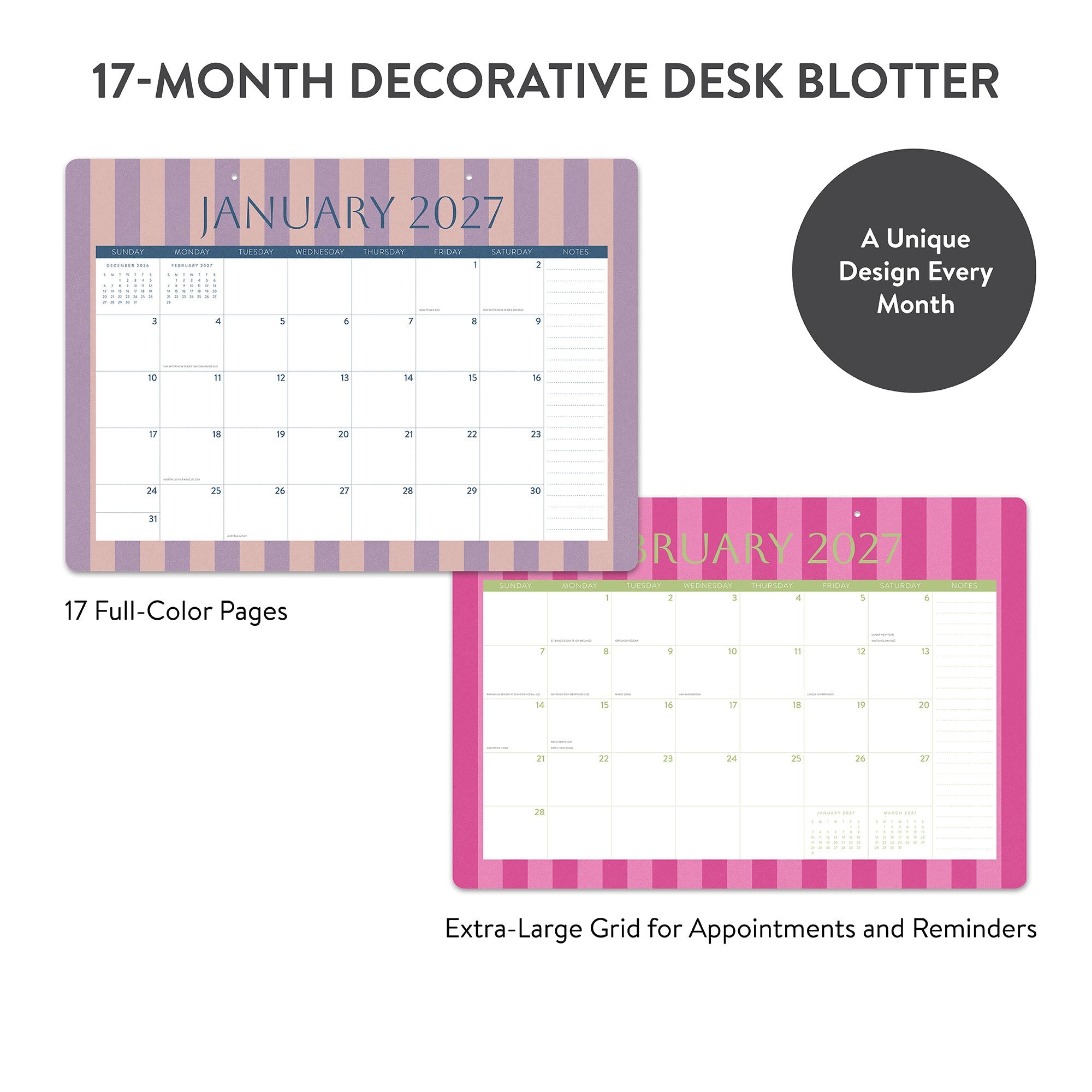 Orange Circle 2027 Decorative Desk Blotter 476 x 343mm Cabana Stripes opened to show the printed monthly grid and the dated planning layout inside.
