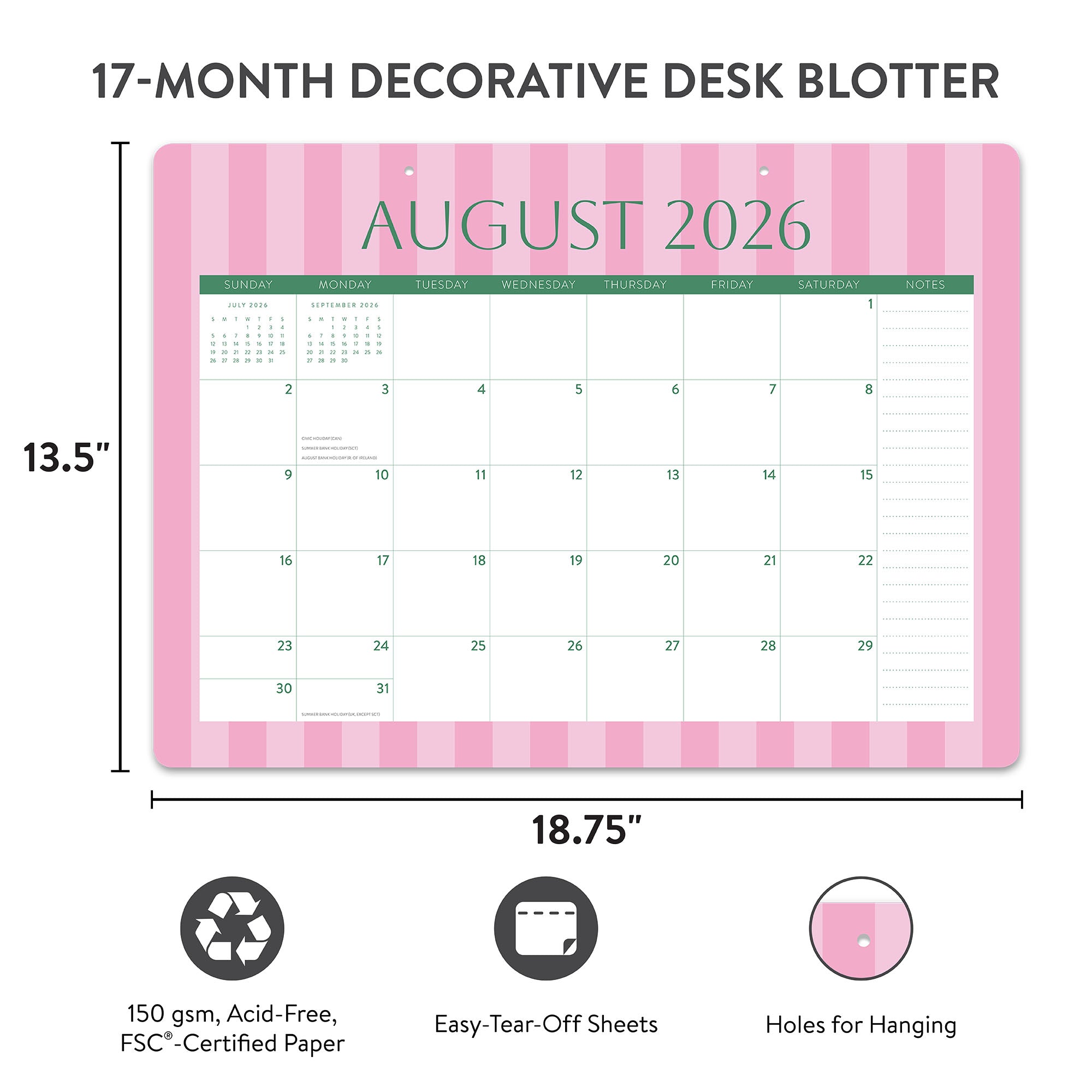 Orange Circle 2027 Decorative Desk Blotter 476 x 343mm Cabana Stripes shown with its retail packaging and the product information panel visible.