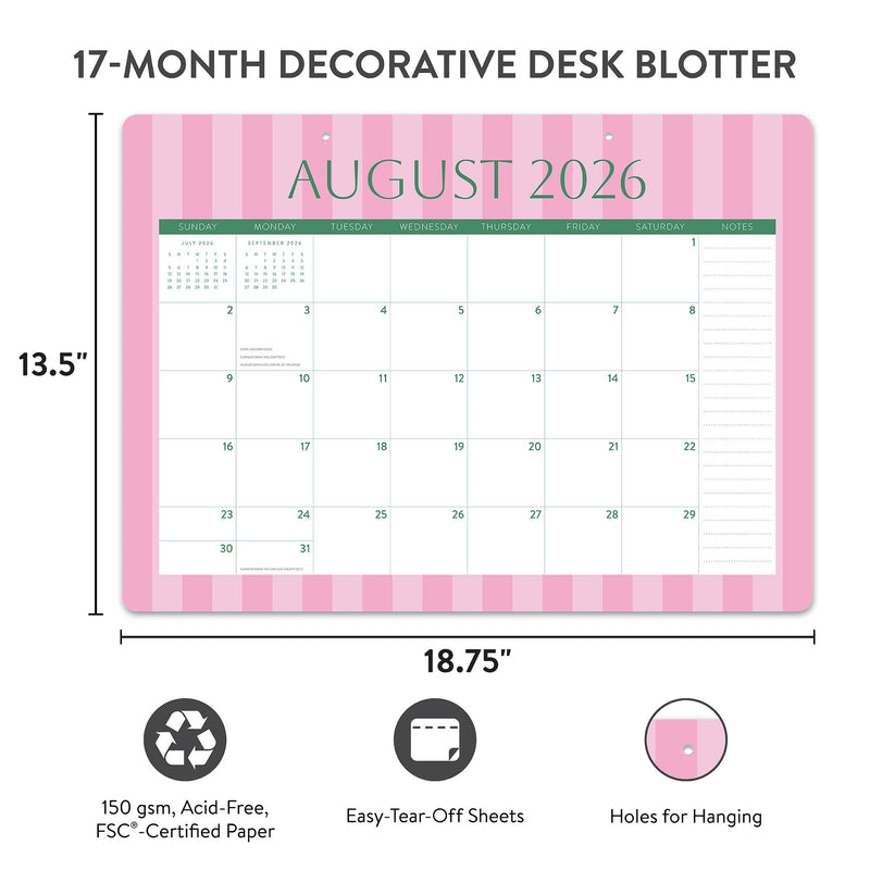 Orange Circle 2027 Decorative Desk Blotter 476 x 343mm Cabana Stripes shown with its retail packaging and the product information panel visible.