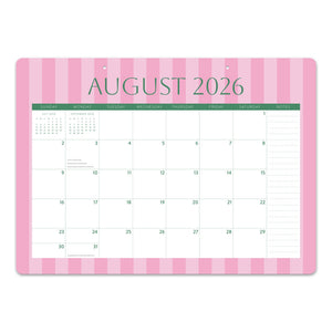 Orange Circle 2027 Decorative Desk Blotter in Cabana Stripes, the August 2026 page with pink stripes, a green header row, a dotted notes column and two hanging holes.