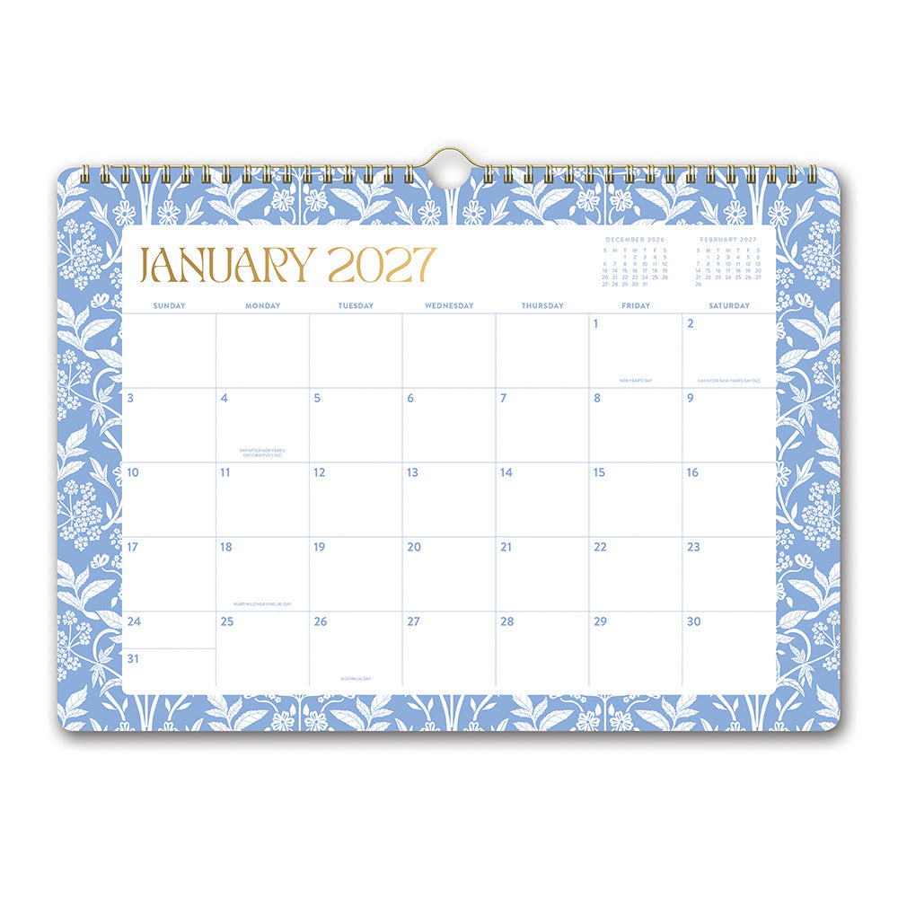 Orange Circle 2027 Deluxe Wall Calendar 348 x 251mm Age Of Romance opened to show the printed monthly grid and the dated planning layout inside.