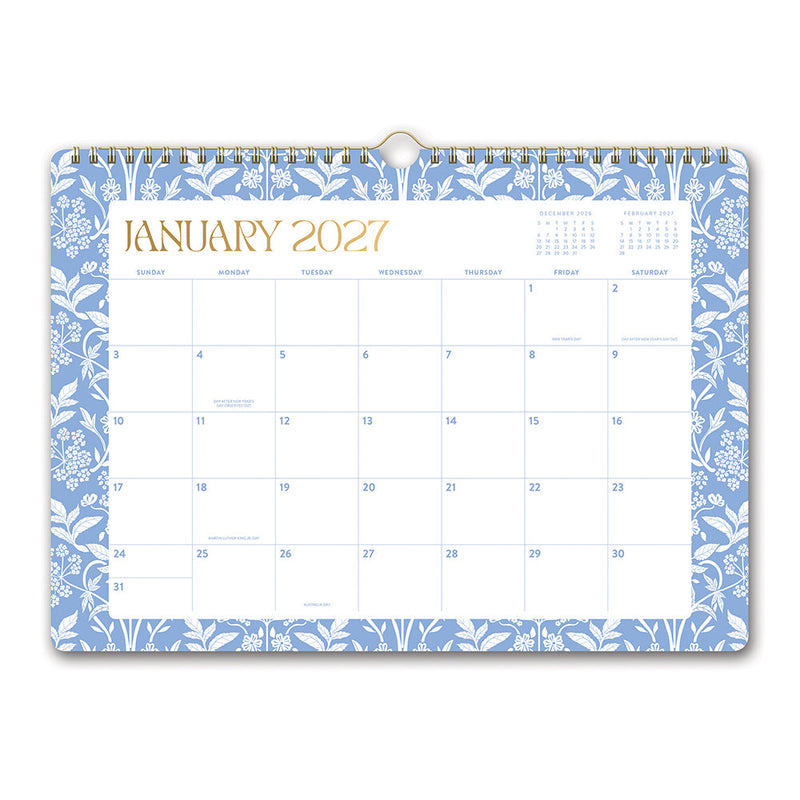 Orange Circle 2027 Deluxe Wall Calendar 348 x 251mm Age Of Romance opened to show the printed monthly grid and the dated planning layout inside.