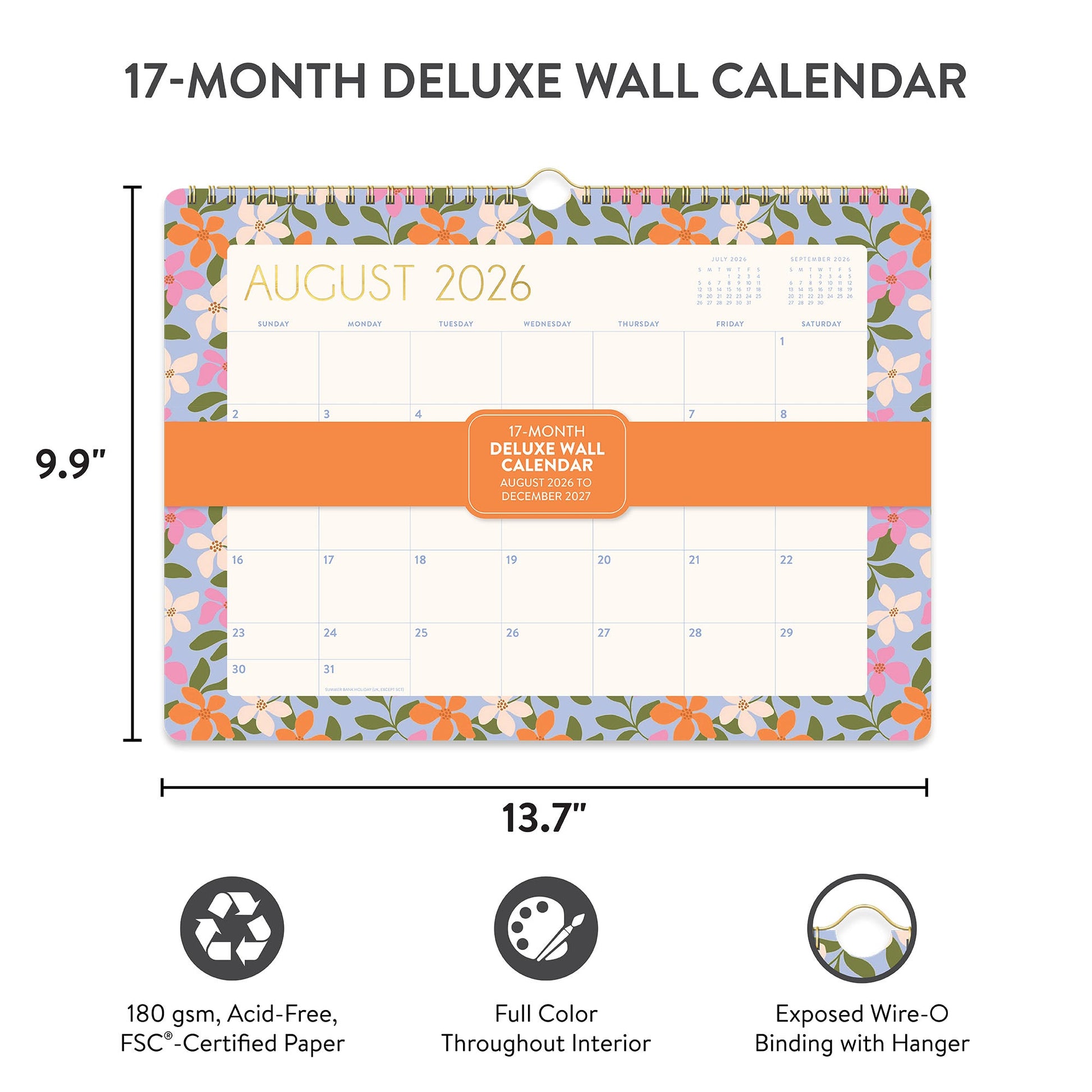 Orange Circle 2027 Deluxe Wall Calendar 348 x 251mm Secret Garden opened to show the printed monthly grid and the dated planning layout inside.