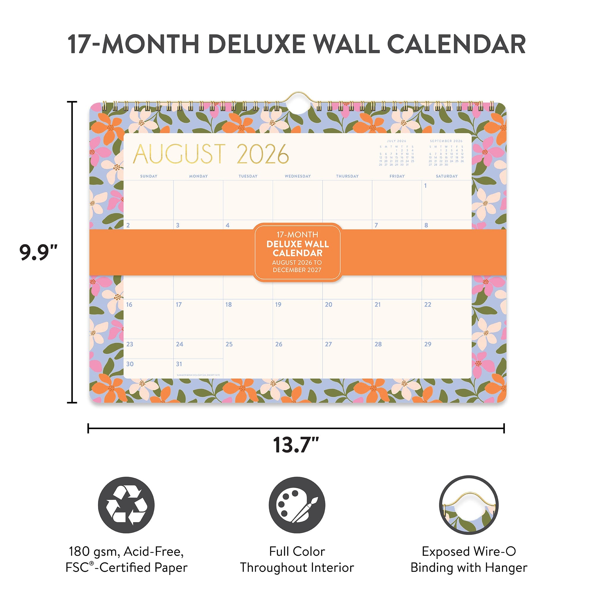 Orange Circle 2027 Deluxe Wall Calendar 348 x 251mm Secret Garden opened to show the printed monthly grid and the dated planning layout inside.
