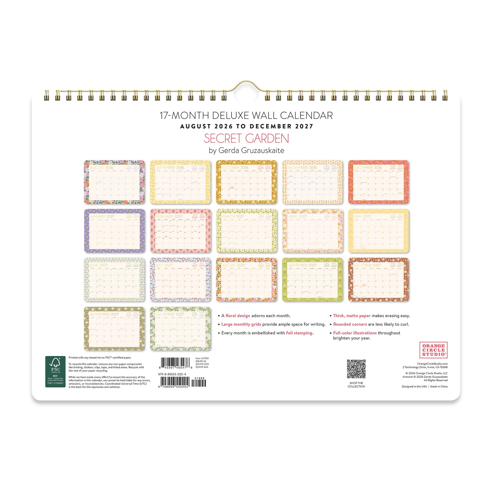 Orange Circle 2027 Deluxe Wall Calendar 348 x 251mm Secret Garden shown with its retail packaging and the product information panel visible.