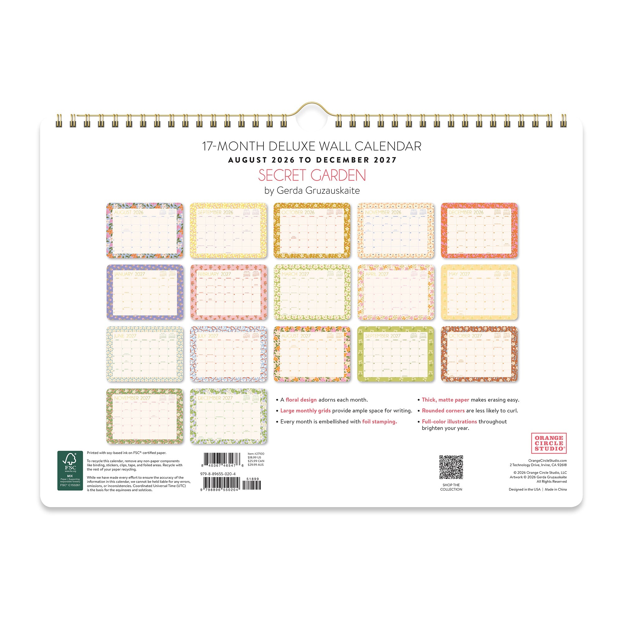 Orange Circle 2027 Deluxe Wall Calendar 348 x 251mm Secret Garden shown with its retail packaging and the product information panel visible.