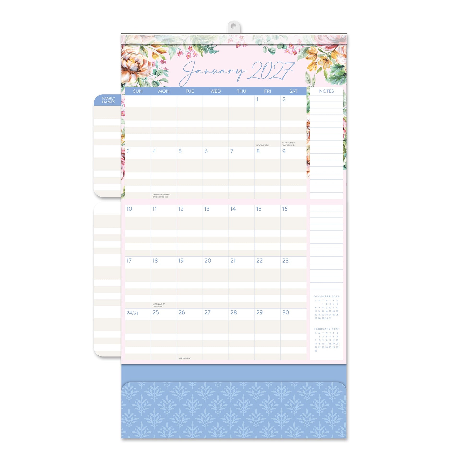Orange Circle 2027 Do-It-All Wall Calendar 305 x 325mm Bella Flora opened to show the printed monthly grid and the dated planning layout inside.