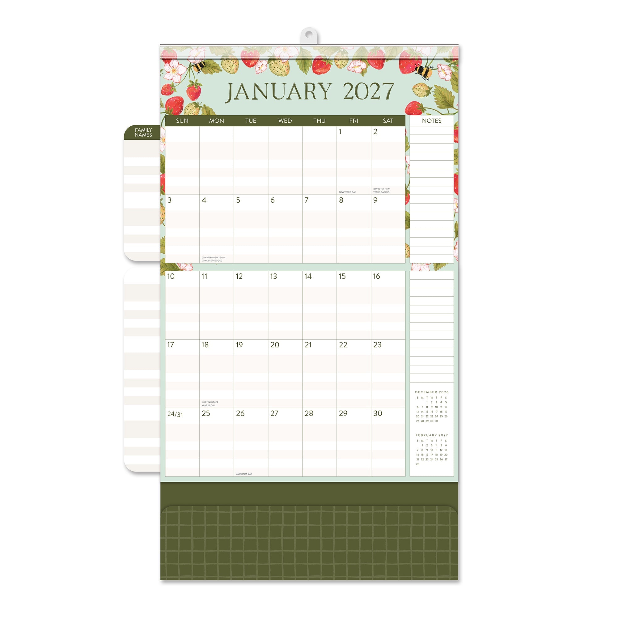 Orange Circle 2027 Do-It-All Wall Calendar 305 x 325mm Fruit And Flora opened to show the printed monthly grid and the dated planning layout inside.
