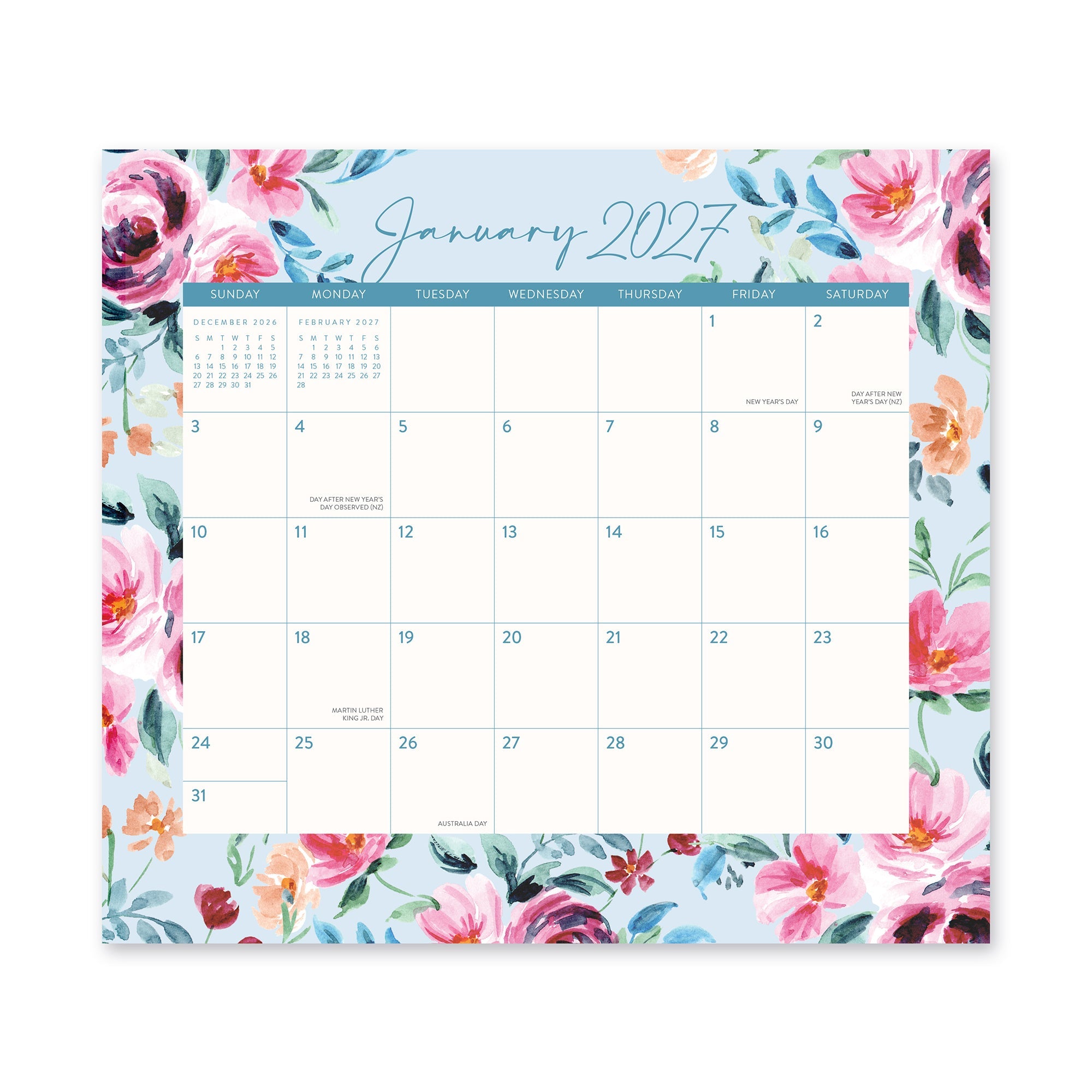 Orange Circle 2027 Magnetic Monthly Pad 244 x 216mm Bella Flora opened to show the printed monthly grid and the dated planning layout inside.