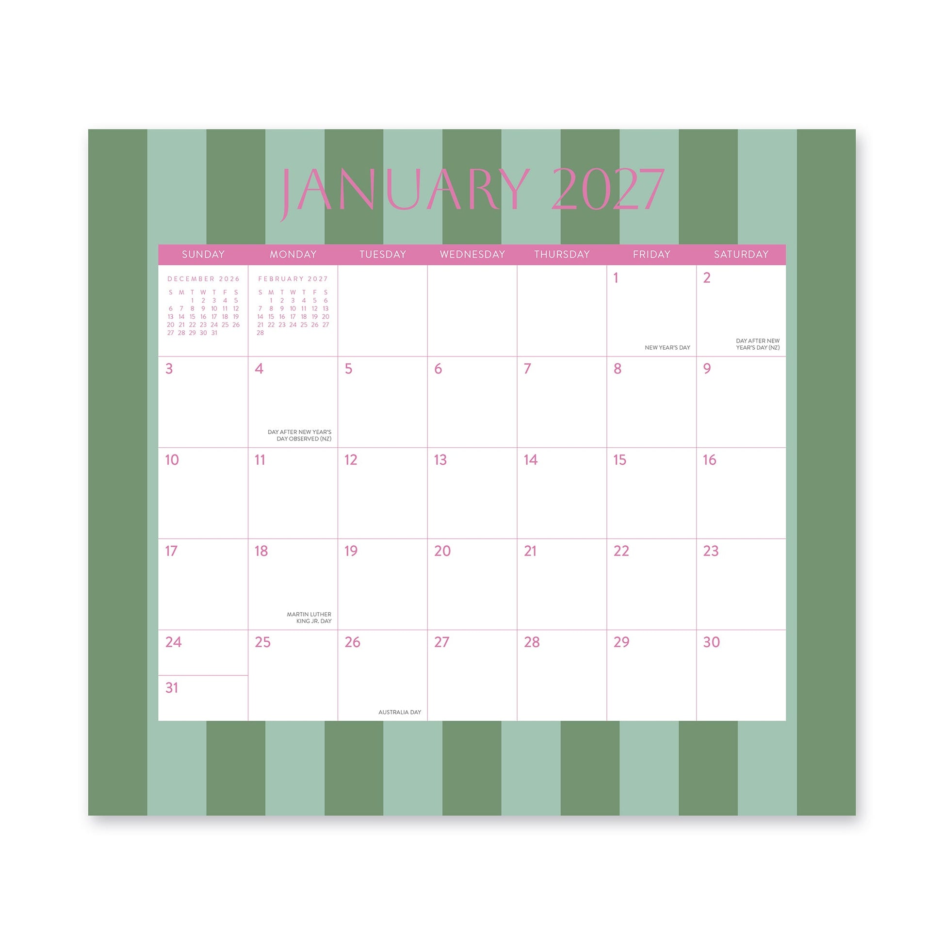 Orange Circle 2027 Magnetic Monthly Pad 244 x 216mm Cabana Stripes opened to show the printed monthly grid and the dated planning layout inside.