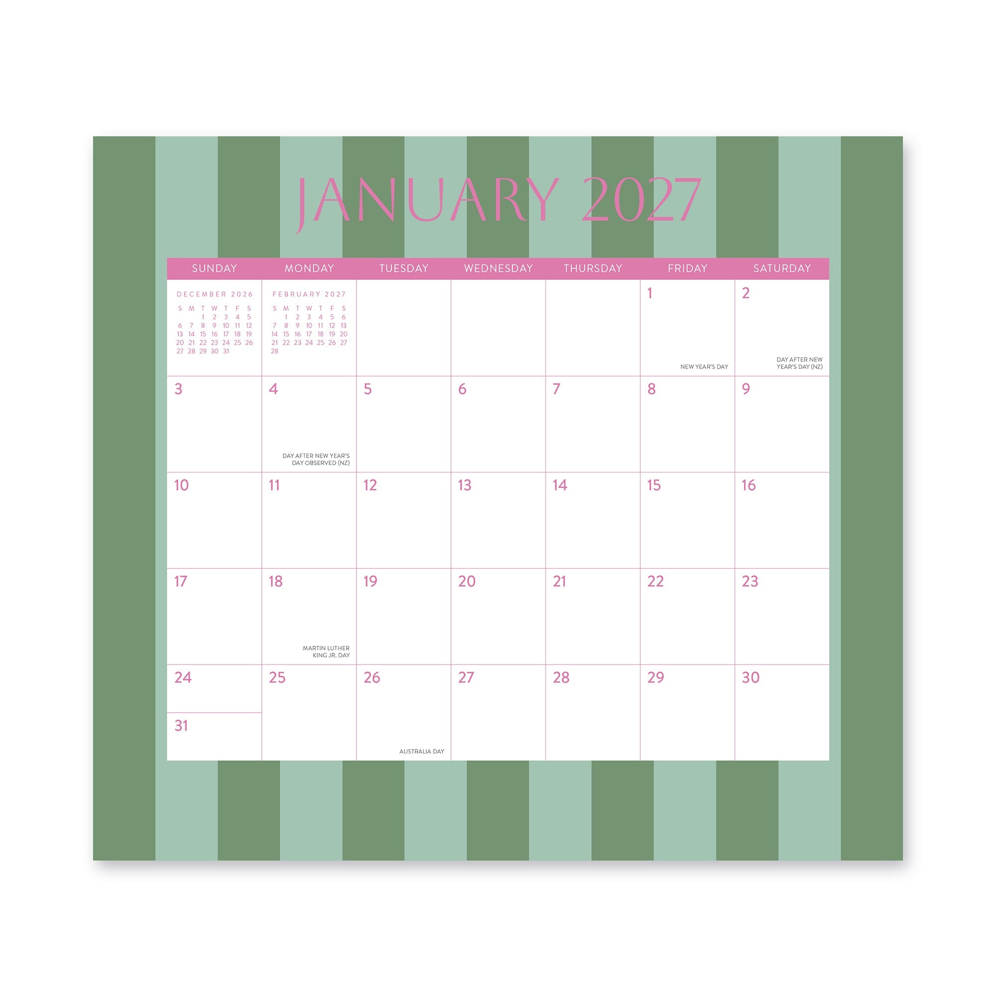 Orange Circle 2027 Magnetic Monthly Pad 244 x 216mm Cabana Stripes opened to show the printed monthly grid and the dated planning layout inside.