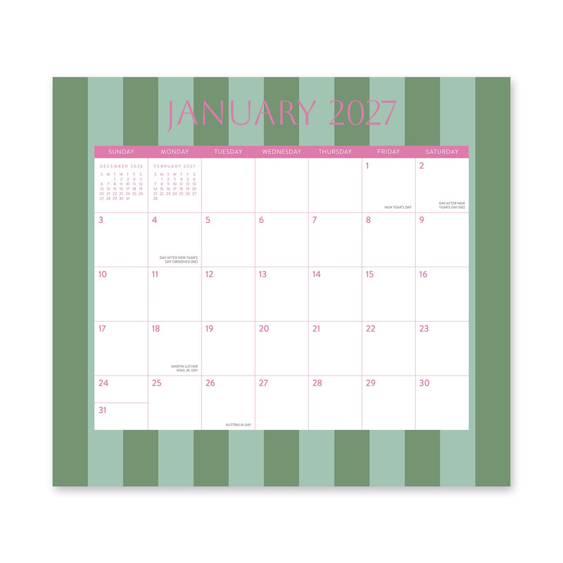 Orange Circle 2027 Magnetic Monthly Pad 244 x 216mm Cabana Stripes opened to show the printed monthly grid and the dated planning layout inside.