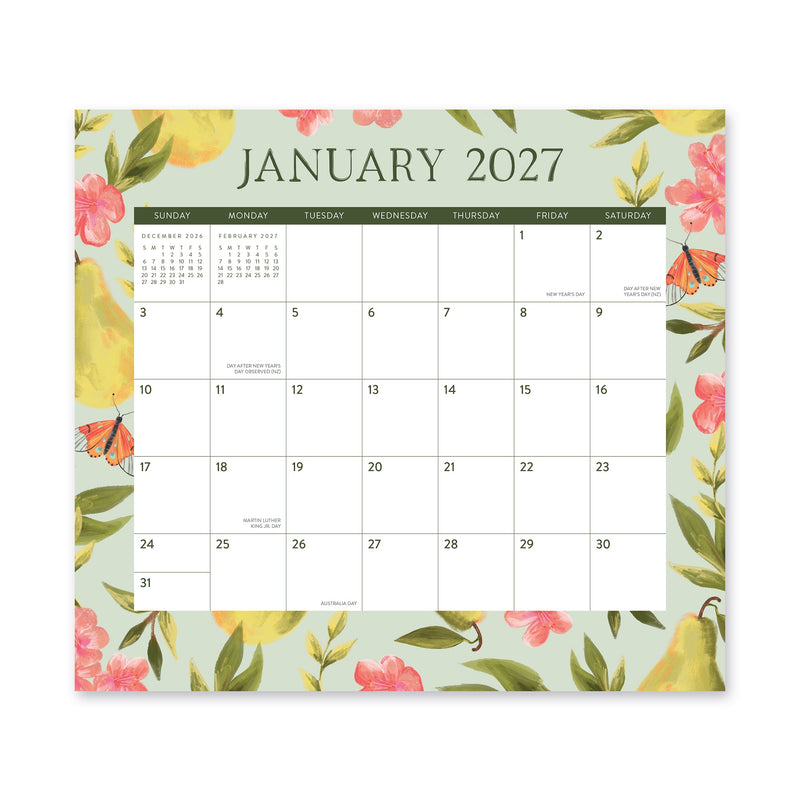 Orange Circle 2027 Magnetic Monthly Pad 244 x 216mm Fruit And Flora opened to show the printed monthly grid and the dated planning layout inside.