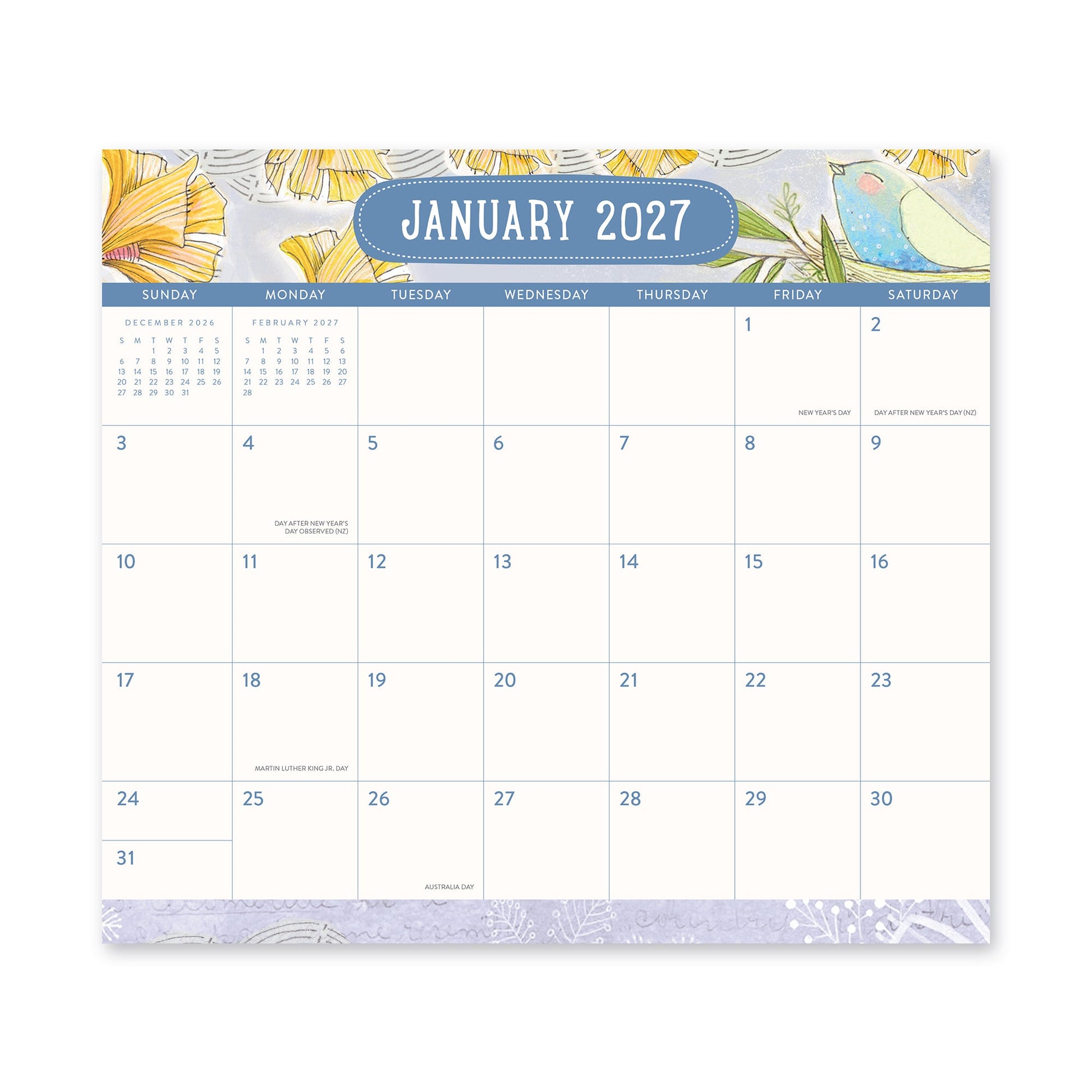 Orange Circle 2027 Magnetic Monthly Pad 244 x 216mm Where Love Grows opened to show the printed monthly grid and the dated planning layout inside.