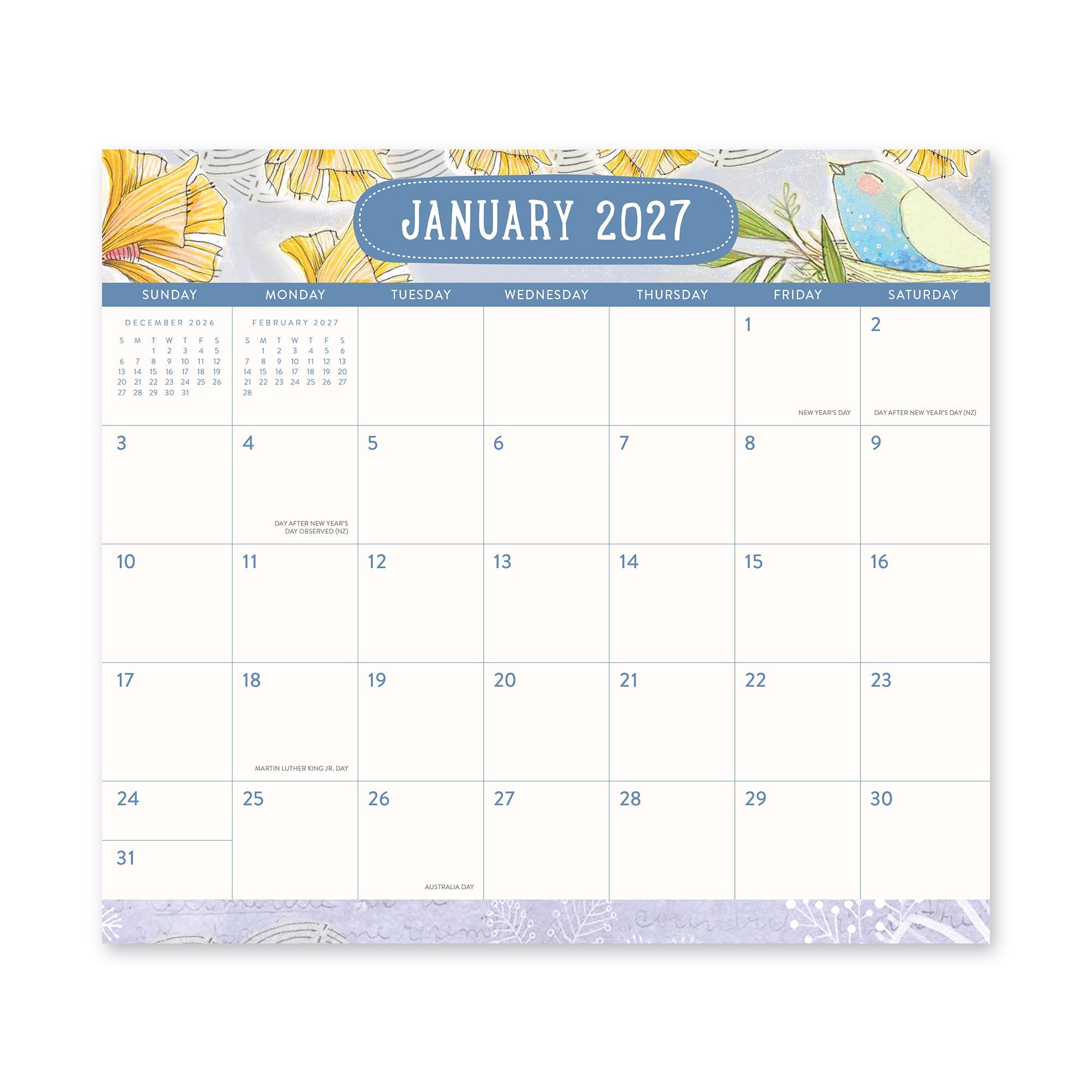 Orange Circle 2027 Magnetic Monthly Pad 244 x 216mm Where Love Grows opened to show the printed monthly grid and the dated planning layout inside.