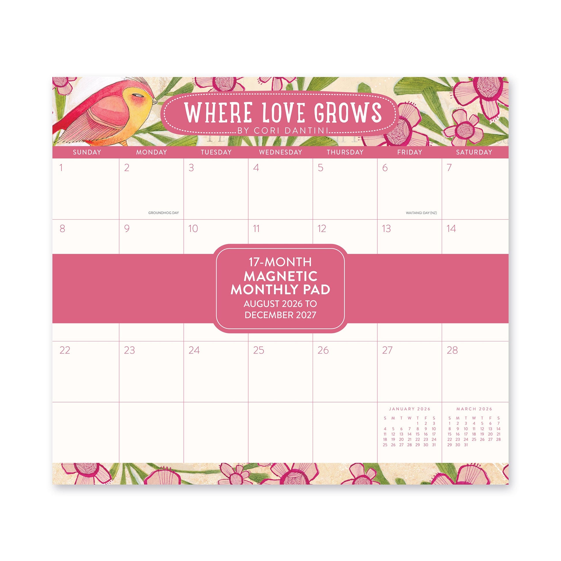 Orange Circle 2027 Magnetic Monthly Pad 244 x 216mm Where Love Grows shown front on, the Where Love Grows design, photographed flat against a plain background.