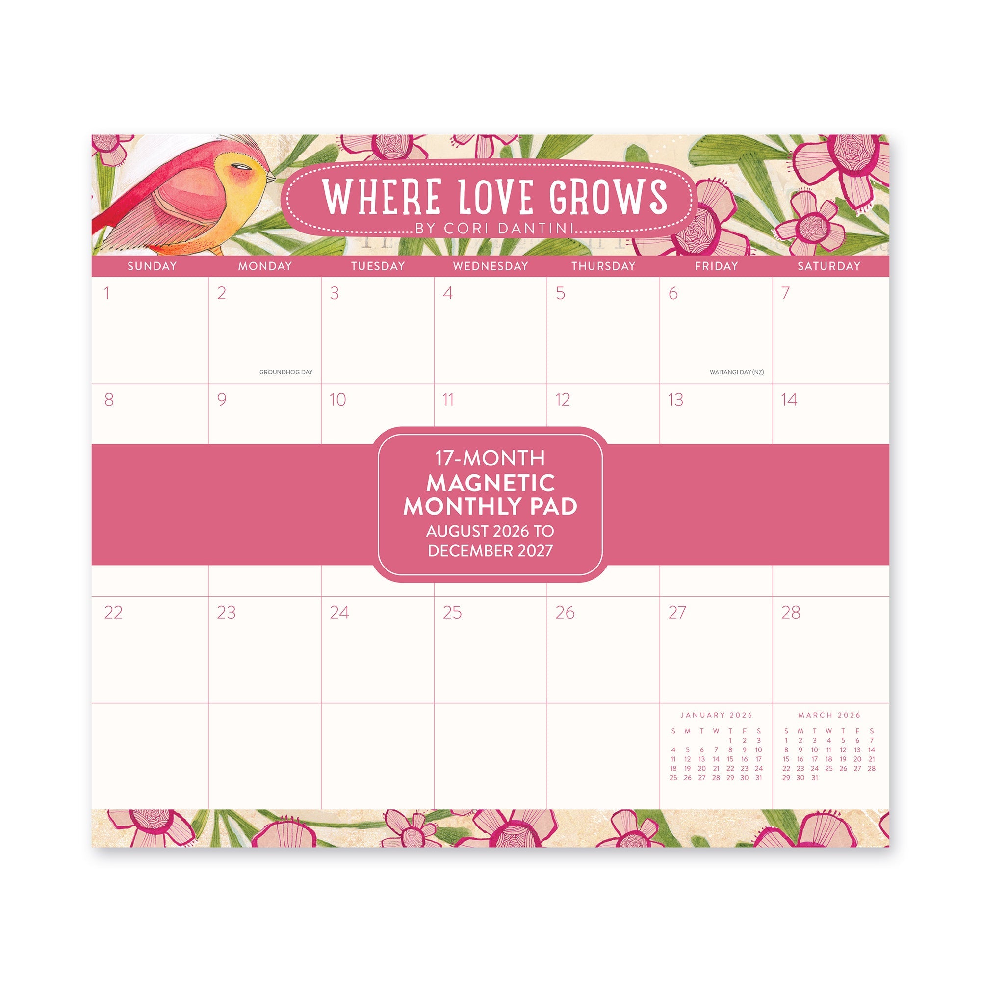 Orange Circle 2027 Magnetic Monthly Pad 244 x 216mm Where Love Grows shown front on, the Where Love Grows design, photographed flat against a plain background.