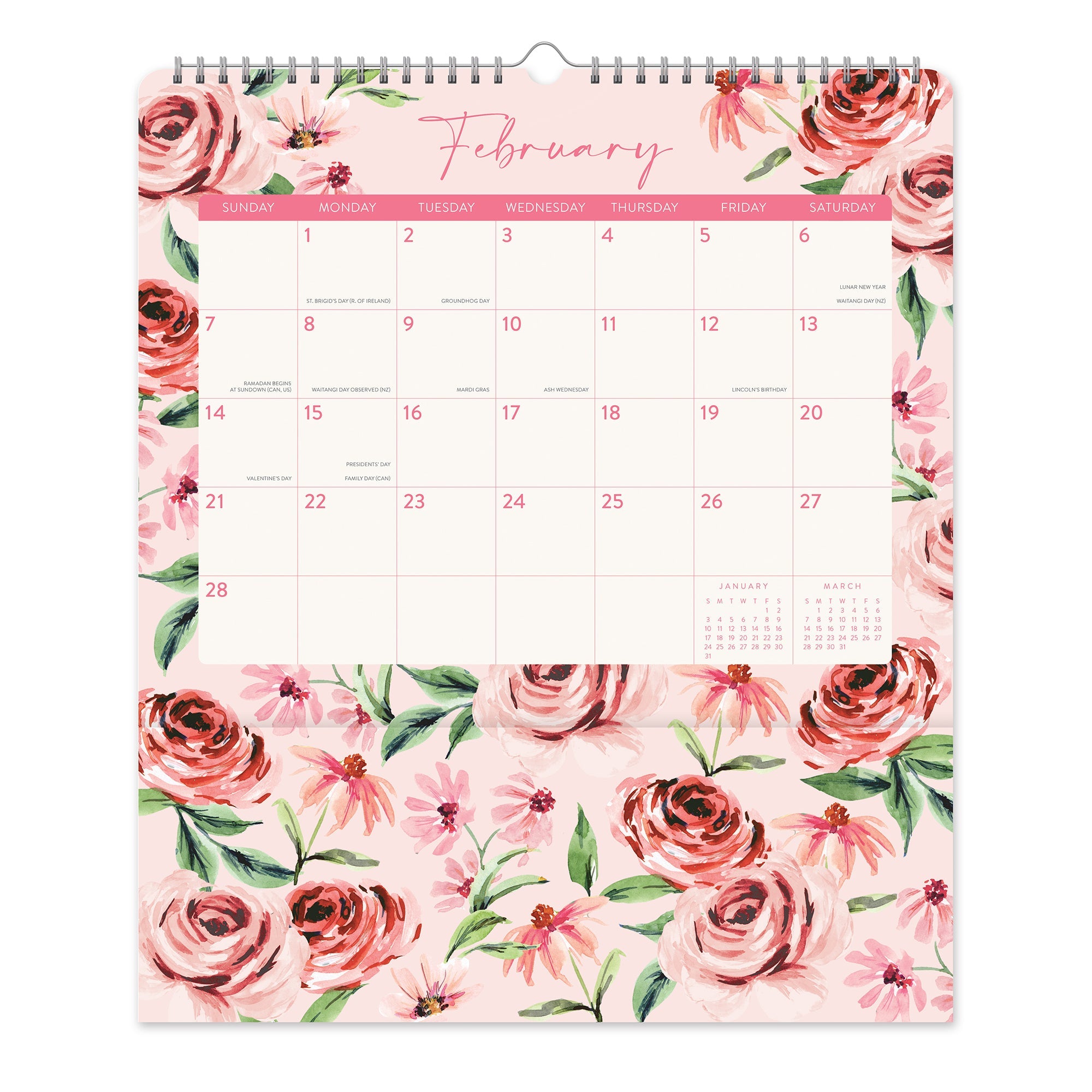Orange Circle 2027 Pockets Plus Wall Calendar 297 x 348mm Bella Flora opened to show the printed monthly grid and the dated planning layout inside.