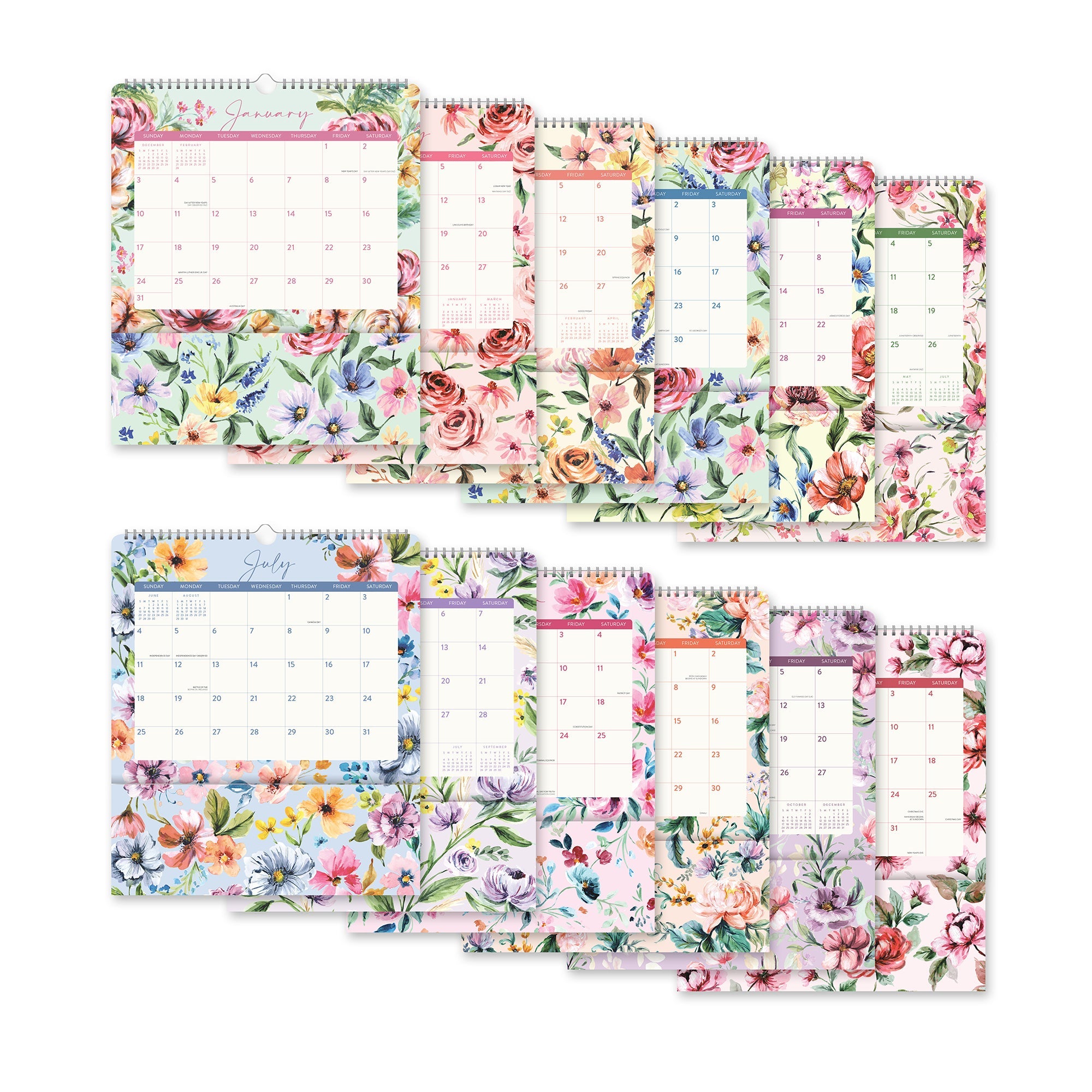Orange Circle 2027 Pockets Plus Wall Calendar 297 x 348mm Bella Flora shown with its retail packaging and the product information panel visible.