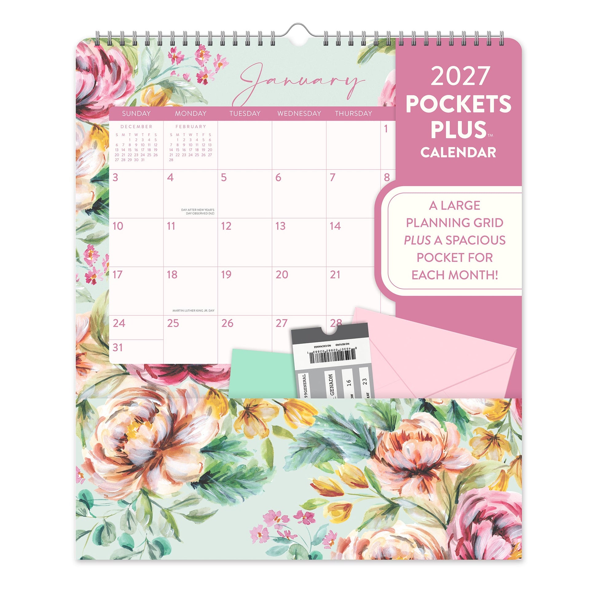 Orange Circle 2027 Pockets Plus Wall Calendar 297 x 348mm Bella Flora shown front on, the Bella Flora design, photographed flat against a plain background.