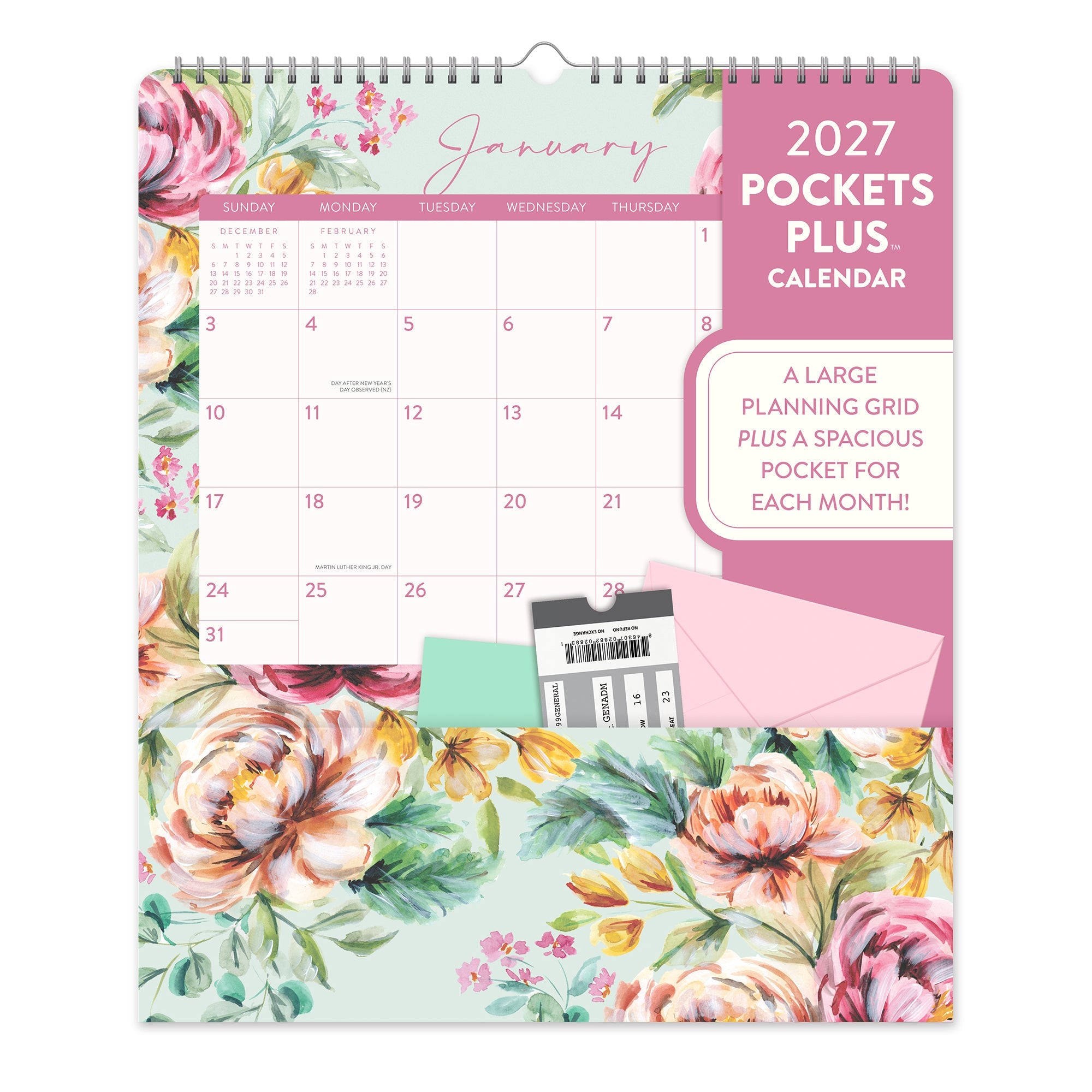 Orange Circle 2027 Pockets Plus Wall Calendar 297 x 348mm Bella Flora shown front on, the Bella Flora design, photographed flat against a plain background.