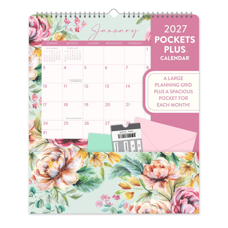Orange Circle 2027 Pockets Plus Wall Calendar 297 x 348mm Bella Flora shown front on, the Bella Flora design, photographed flat against a plain background.