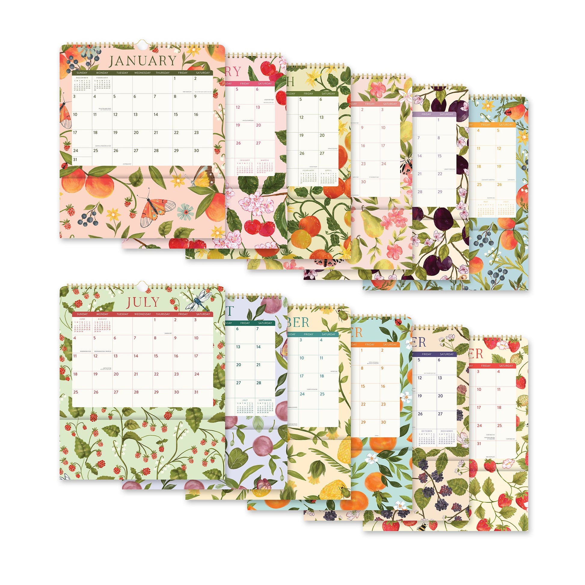 Orange Circle 2027 Pockets Plus Wall Calendar 297 x 348mm Fruit And Flora shown with its retail packaging and the product information panel visible.