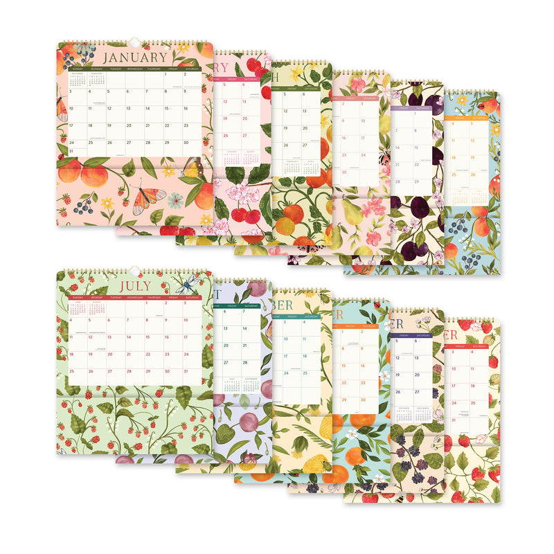 Orange Circle 2027 Pockets Plus Wall Calendar 297 x 348mm Fruit And Flora shown with its retail packaging and the product information panel visible.