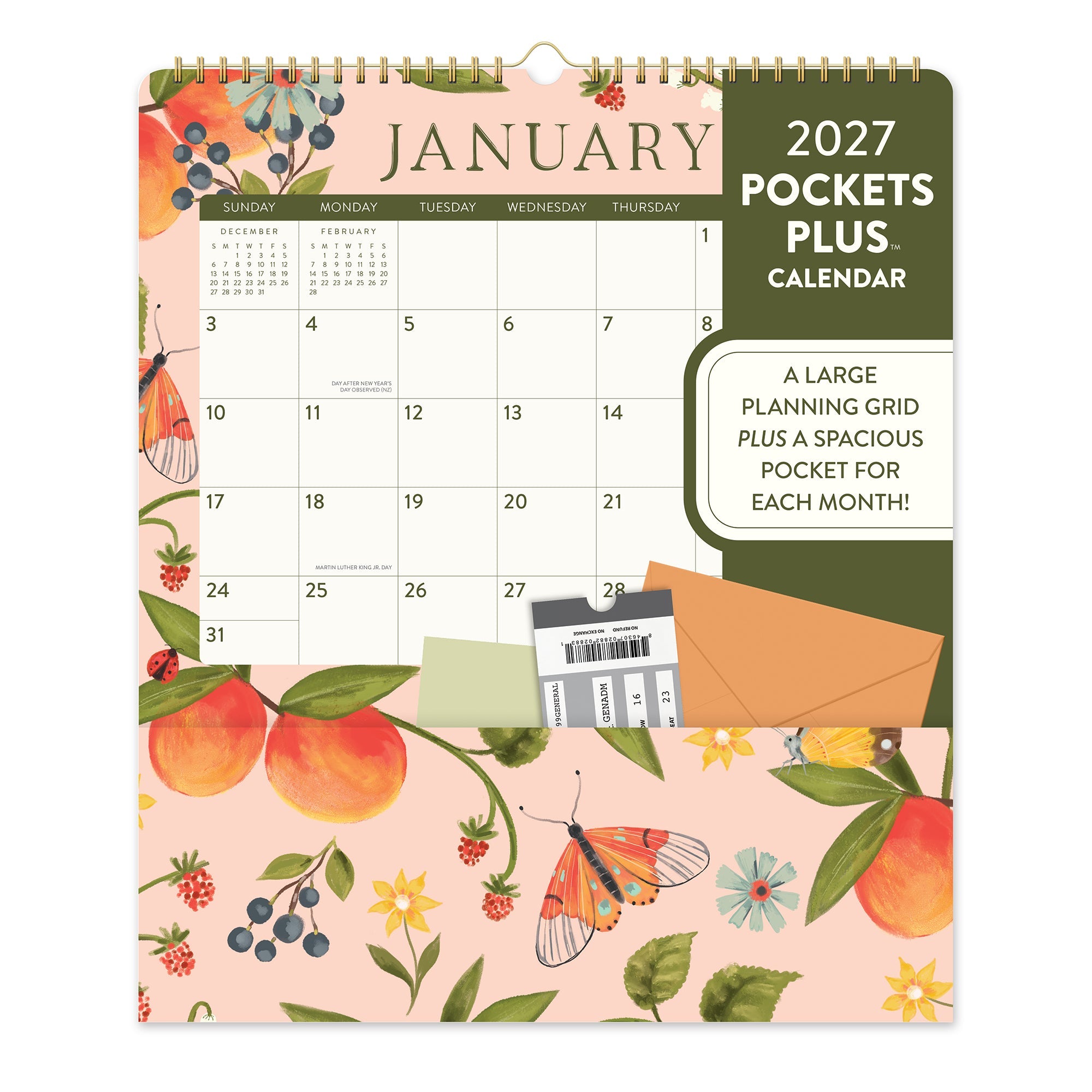 Orange Circle 2027 Pockets Plus Wall Calendar 297 x 348mm Fruit And Flora shown front on, the Fruit And Flora design, photographed flat against a plain background.