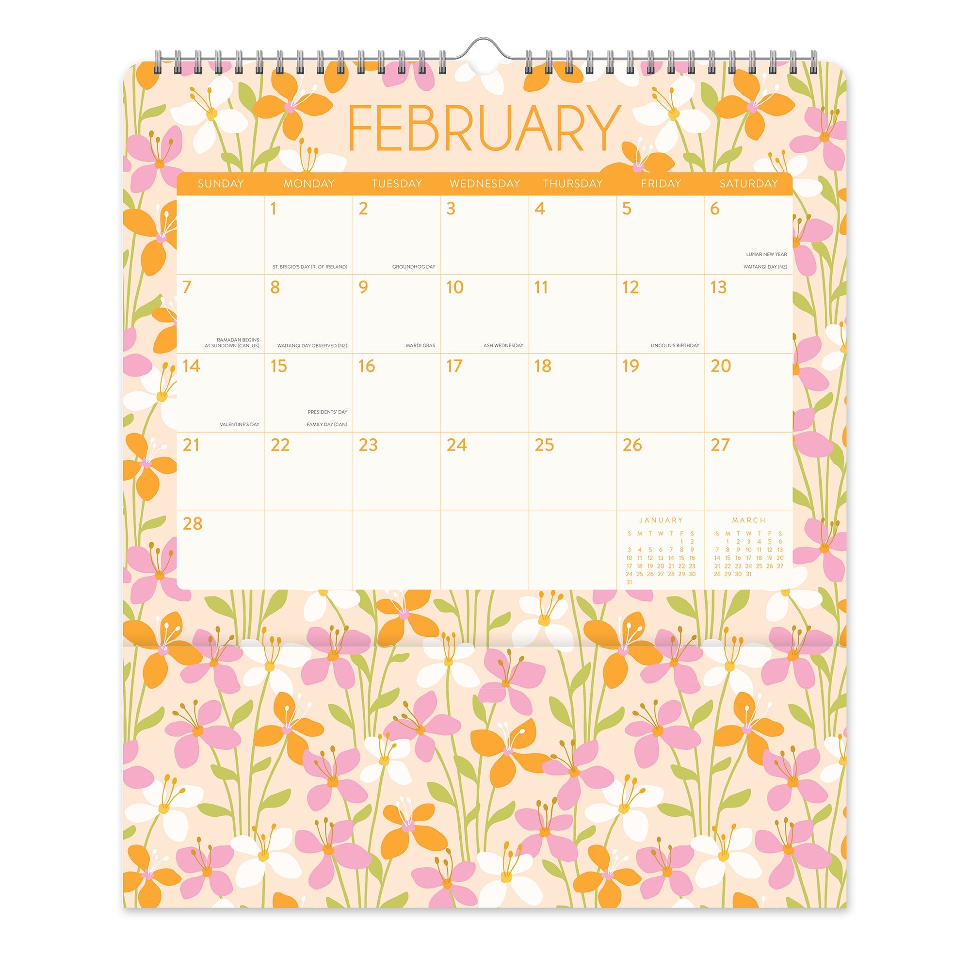 Orange Circle 2027 Pockets Plus Wall Calendar 297 x 348mm Secret Garden opened to show the printed monthly grid and the dated planning layout inside.